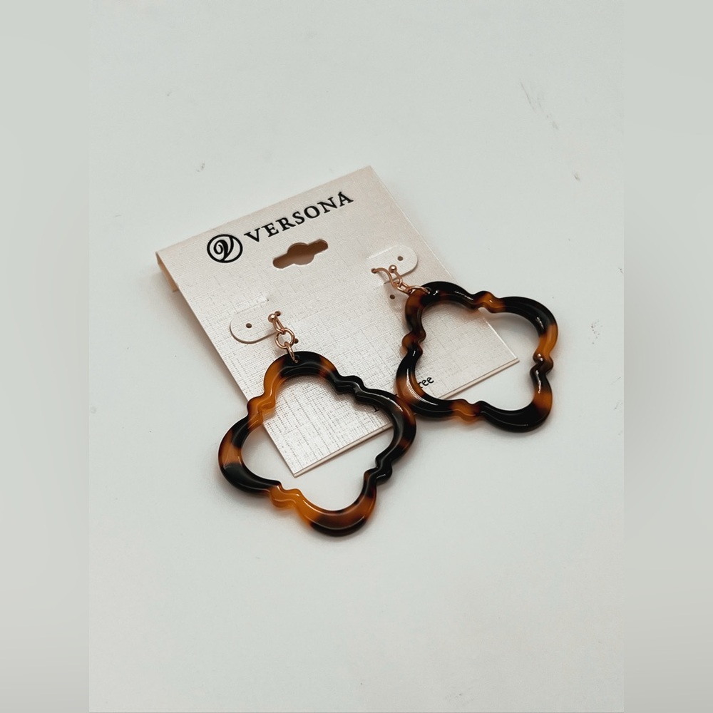 New Gold and Brown Marble Dangle Rounded Hoop Earrings Nickle Free - Picture 2 of 4